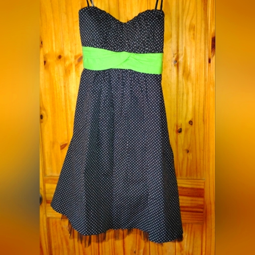 Ruby Rox Y2K Formal Black Polka Dot Dress with Lime Accent NWT Sz 9
